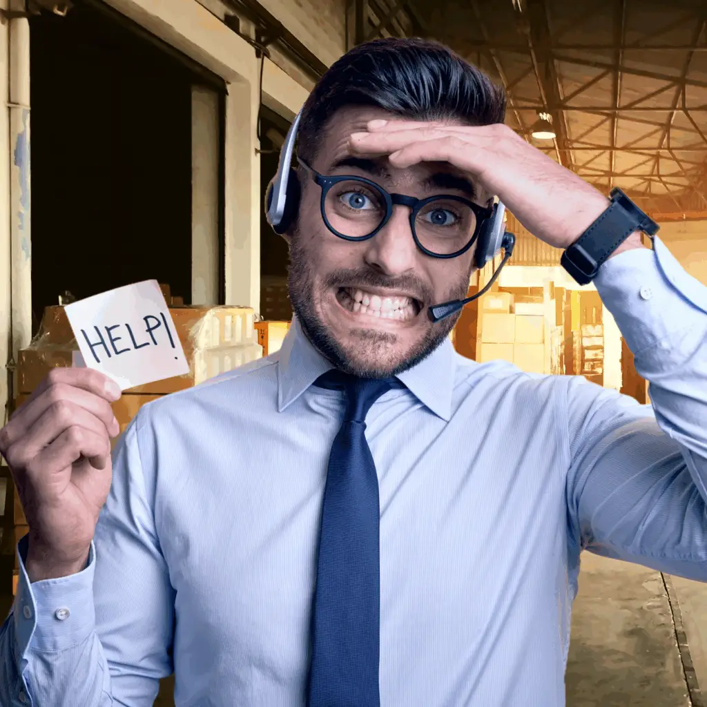 person calling for help with paper tagged help at cargo loading dock station and it seems he is unsatisfied